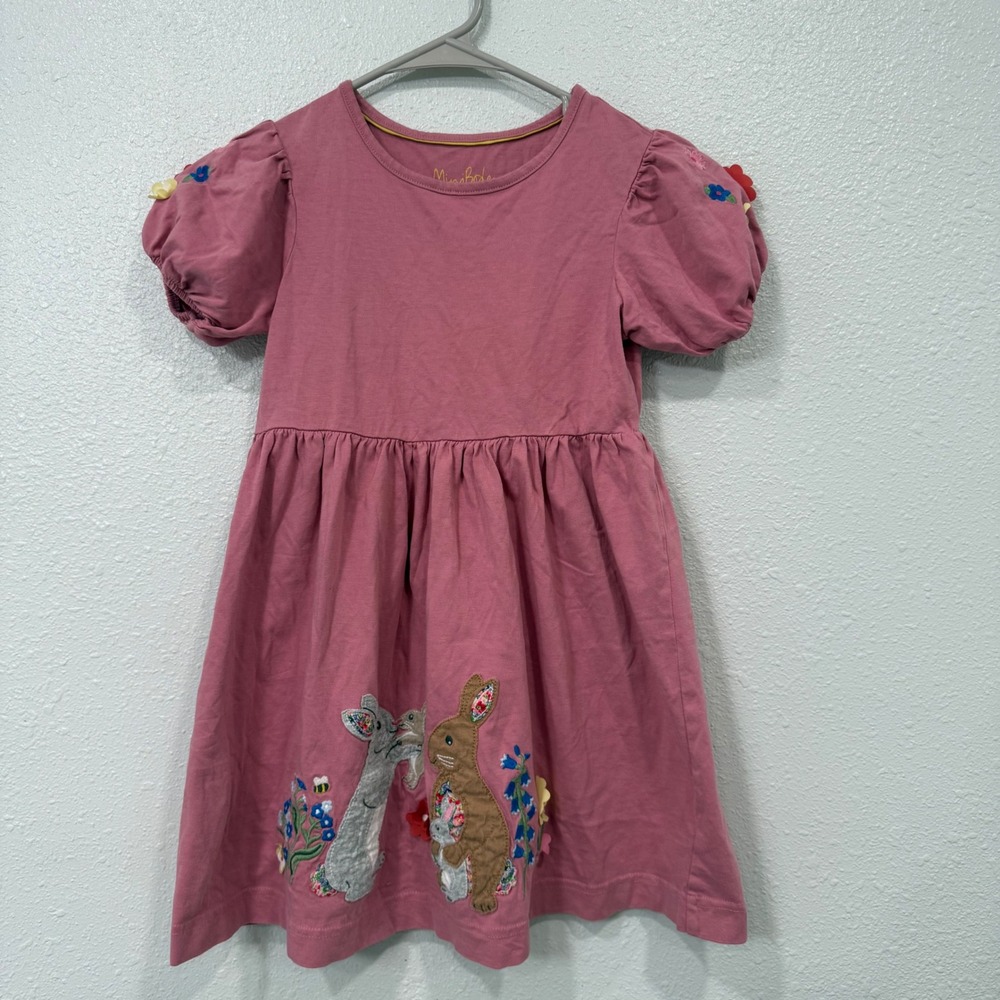 Mini Boden Girls Pink Bunny Floral Applique Puff Sleeve Jersey Dress 6-7Y